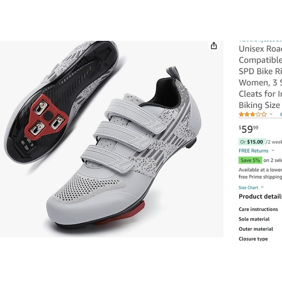 Unisex Road Bike Cycling Shoes 3 Straps, Delta Cleats for Indoor Use, Sz 7, Gray - Picture 2 of 12